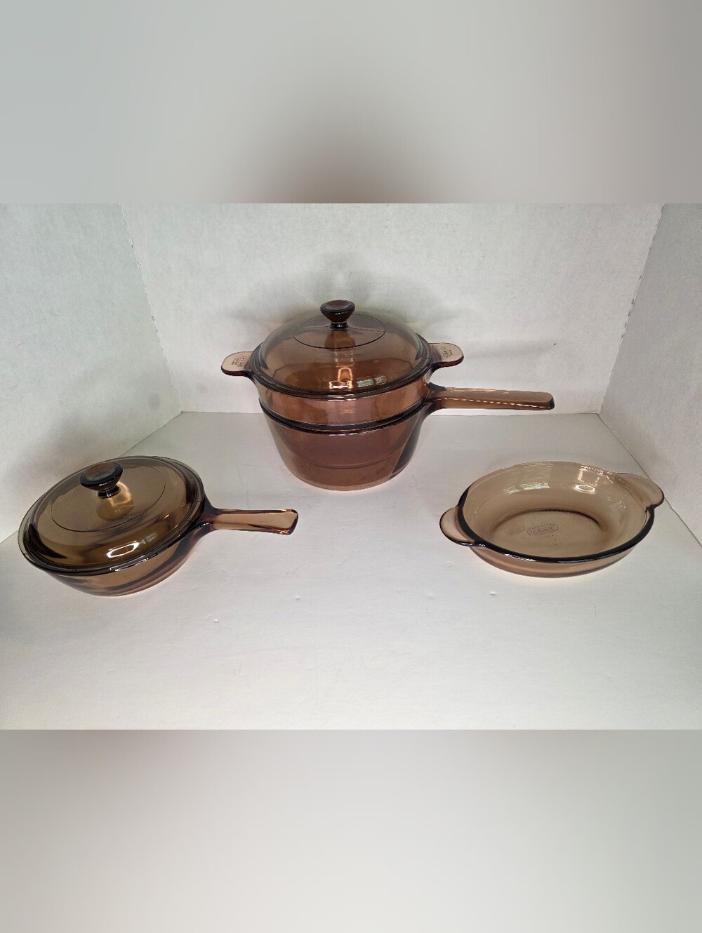 Vintage Amber Corning Visions Pyrex Double Boiler w/Lid, Sm Casserole, Sauce Pot